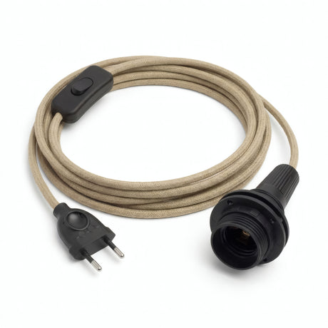 Przewód w oplocie gładki z oprawką i wtyczką, juta naturalna, oprawka E14 z pierścieniami do abażuru