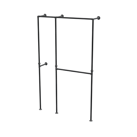 Penderie ouverte à deux baies en tuyaux de plomberie noirs Ø 27 mm — baies de 40 + 80 cm, vue de trois quarts sur fond blanc