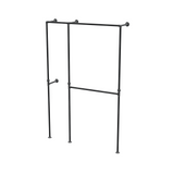 Penderie ouverte à deux baies en tuyaux de plomberie noirs Ø 27 mm — baies de 40 + 90 cm, vue de trois quarts sur fond blanc