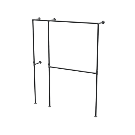Penderie ouverte à deux baies en tuyaux de plomberie noirs Ø 27 mm — baies de 40 + 120 cm, vue de trois quarts sur fond blanc