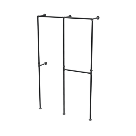 Penderie ouverte à deux baies en tuyaux de plomberie noirs Ø 27 mm — baies de 60 + 60 cm, vue de trois quarts sur fond blanc