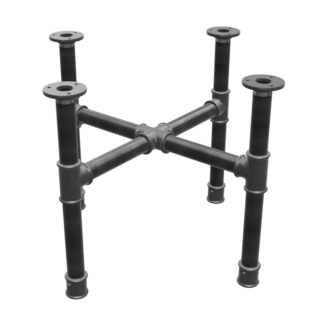 Podstawa stolika kawowego, nogi krzyżakowe, żeliwo i stal Ø 34 mm, 56 × 56 cm, wysokość 42 cm