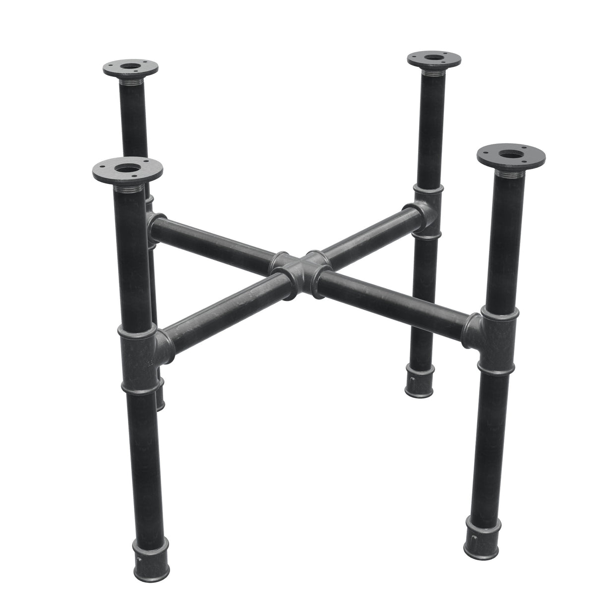 Podstawa stolika kawowego, nogi krzyżakowe, żeliwo i stal Ø 34 mm, 66 × 66 cm, wysokość 52 cm