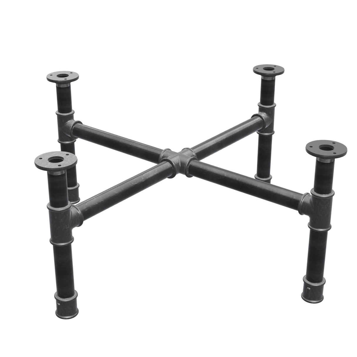 Podstawa stolika kawowego, nogi krzyżakowe, żeliwo i stal Ø 34 mm, 76 × 76 cm, wysokość 32 cm