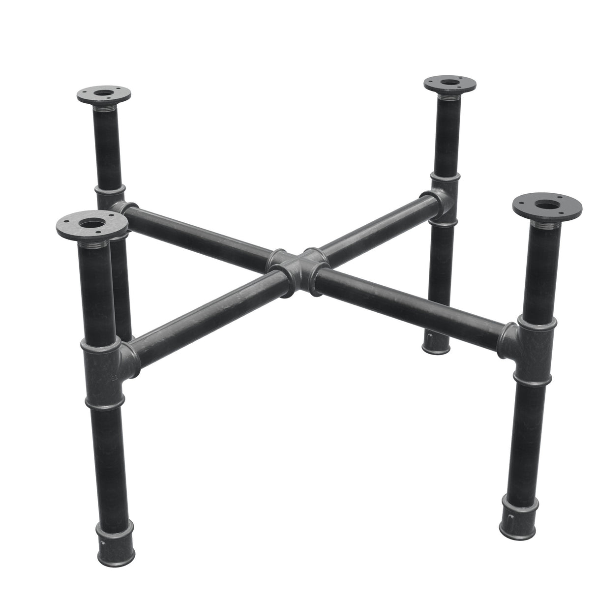 Podstawa stolika kawowego, nogi krzyżakowe, żeliwo i stal Ø 34 mm, 76 × 76 cm, wysokość 42 cm