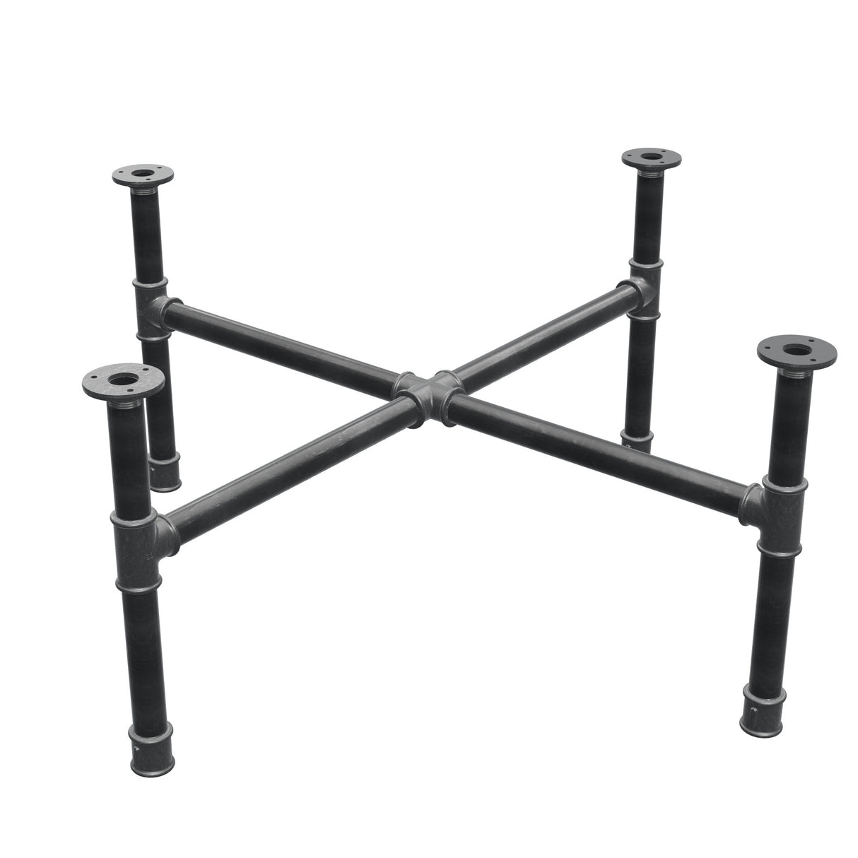 Podstawa stolika kawowego, nogi krzyżakowe, żeliwo i stal Ø 34 mm, 96 × 96 cm, wysokość 42 cm