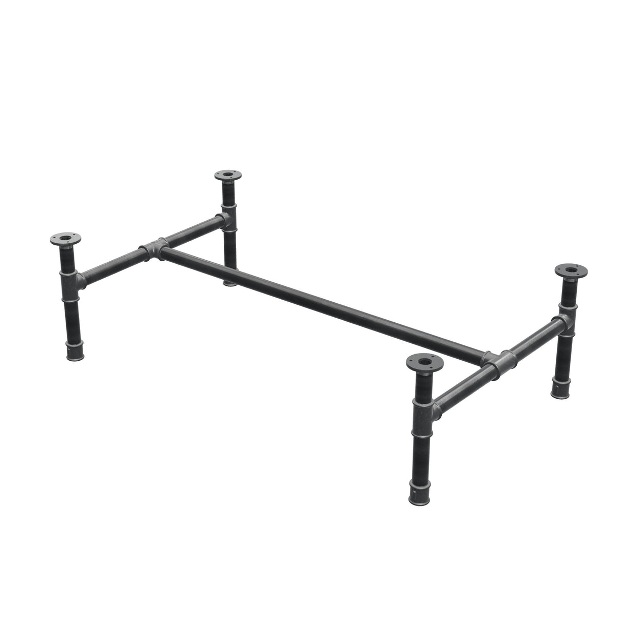 Podstawa stolika kawowego, rama w kształcie H, żeliwo i stal Ø 34 mm, 112 × 66 cm, wysokość 32 cm