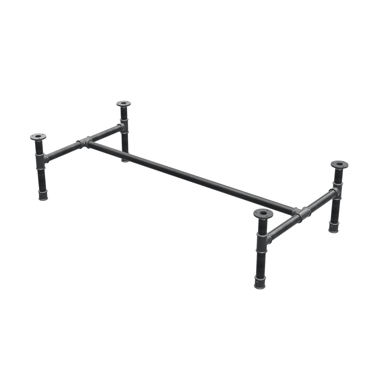 Podstawa stolika kawowego, rama w kształcie H, żeliwo i stal Ø 34 mm, 132 × 66 cm, wysokość 32 cm
