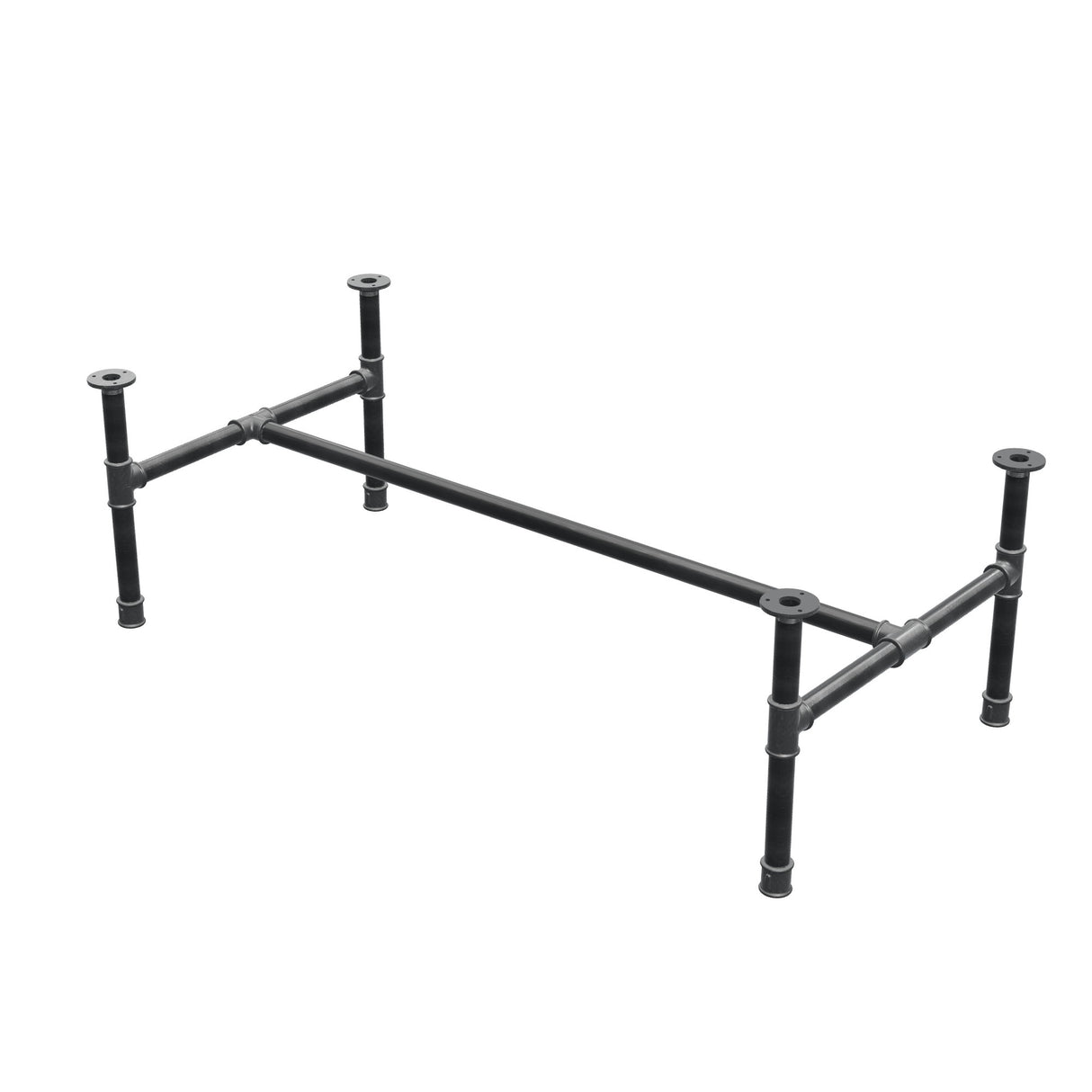 Podstawa stolika kawowego, rama w kształcie H, żeliwo i stal Ø 34 mm, 132 × 66 cm, wysokość 42 cm