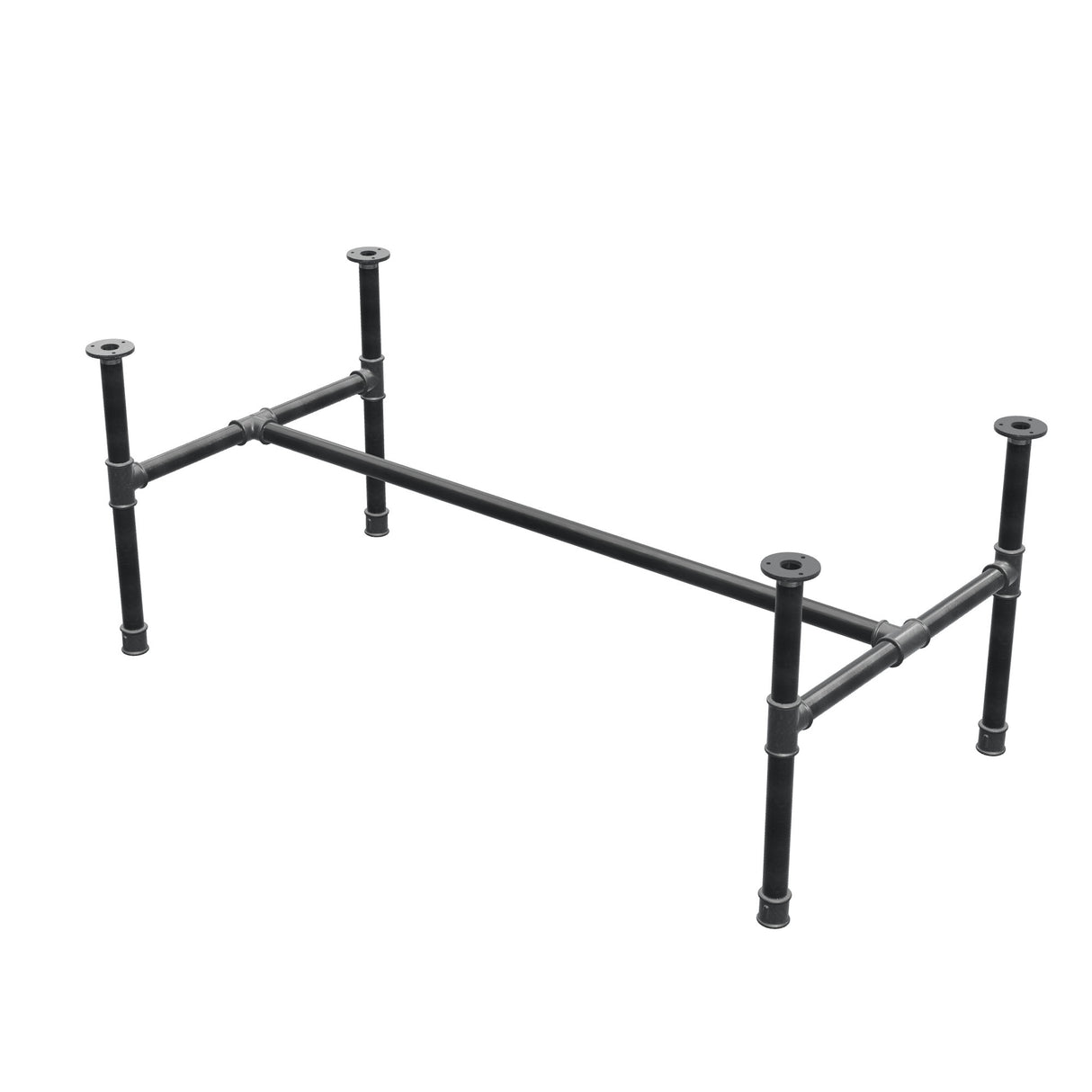 Podstawa stolika kawowego, rama w kształcie H, żeliwo i stal Ø 34 mm, 132 × 66 cm, wysokość 52 cm