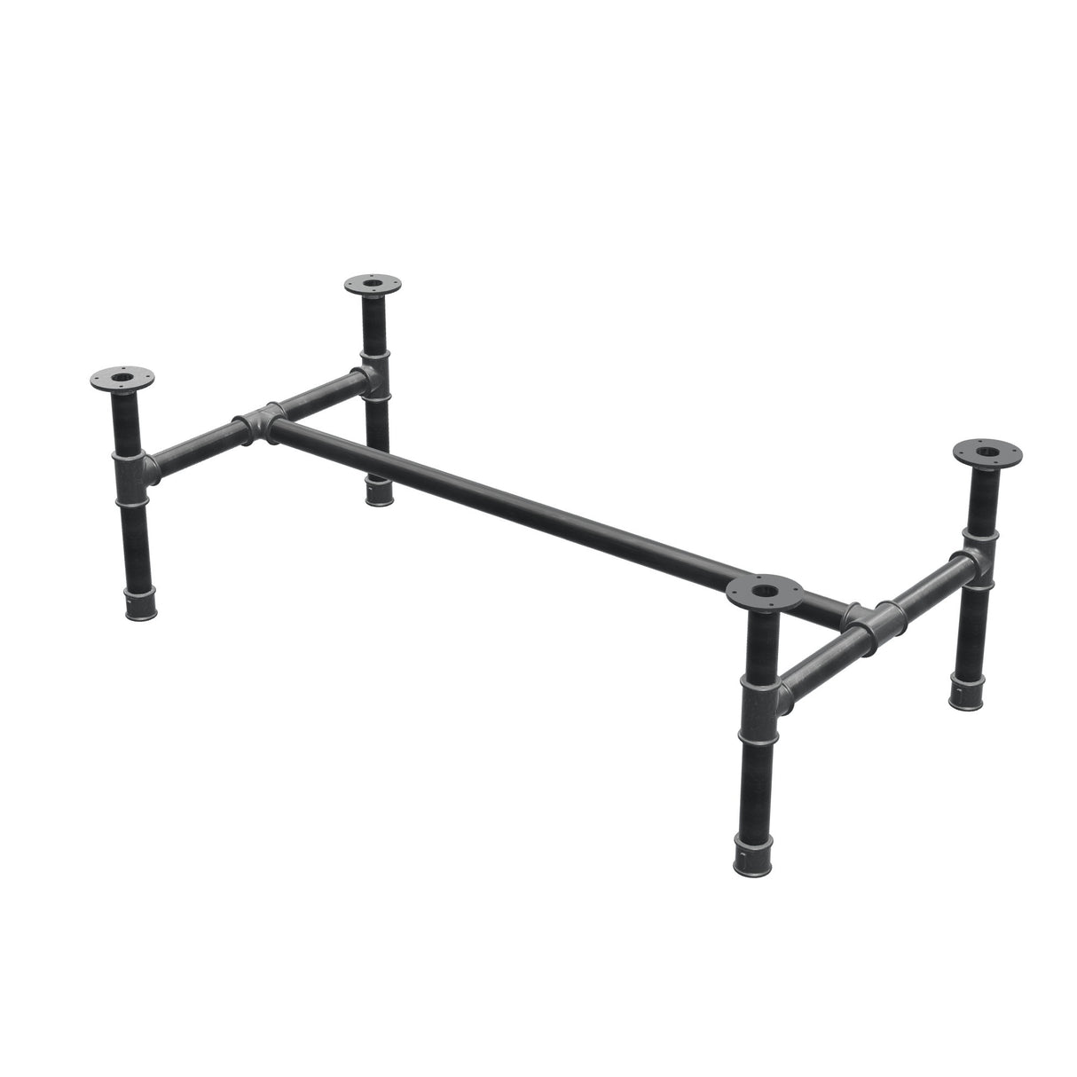 Podstawa stolika kawowego, rama w kształcie H, żeliwo i stal Ø 42 mm, 136 × 71 cm, wysokość 44 cm