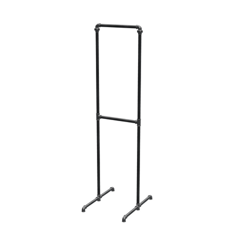 Portant à vêtements autoportant double niveau en tuyaux de plomberie noirs Ø 27 mm — largeur 40 cm, hauteur 176 cm, vue de trois quarts sur fond blanc