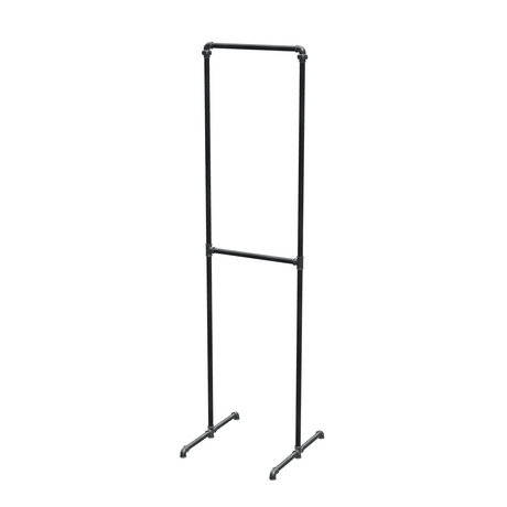 Portant à vêtements autoportant double niveau en tuyaux de plomberie noirs Ø 27 mm — largeur 50 cm, hauteur 216 cm, vue de trois quarts sur fond blanc