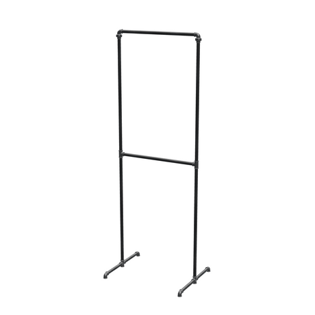 Portant à vêtements autoportant double niveau en tuyaux de plomberie noirs Ø 27 mm — largeur 70 cm, hauteur 216 cm, vue de trois quarts sur fond blanc