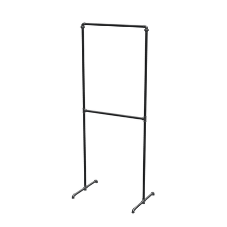 Portant à vêtements autoportant double niveau en tuyaux de plomberie noirs Ø 27 mm — largeur 80 cm, hauteur 216 cm, vue de trois quarts sur fond blanc