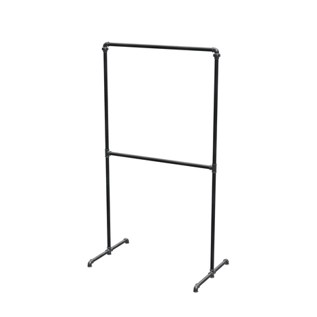 Portant à vêtements autoportant double niveau en tuyaux de plomberie noirs Ø 27 mm — largeur 90 cm, hauteur 176 cm, vue de trois quarts sur fond blanc