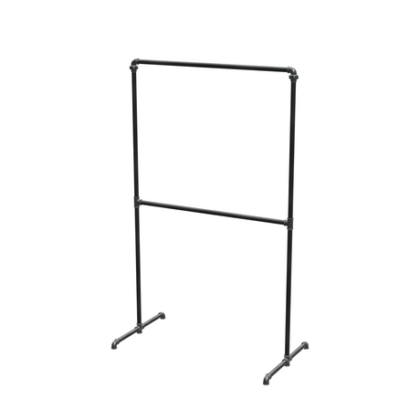 Portant à vêtements autoportant double niveau en tuyaux de plomberie noirs Ø 27 mm — largeur 100 cm, hauteur 176 cm, vue de trois quarts sur fond blanc