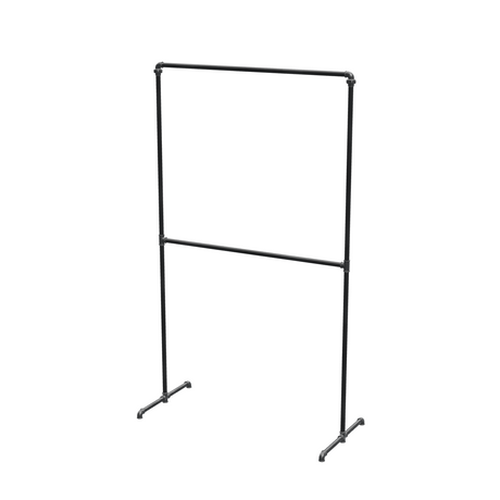 Portant à vêtements autoportant double niveau en tuyaux de plomberie noirs Ø 27 mm — largeur 120 cm, hauteur 216 cm, vue de trois quarts sur fond blanc