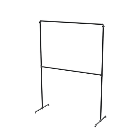 Portant à vêtements autoportant double niveau en tuyaux de plomberie noirs Ø 27 mm — largeur 150 cm, hauteur 216 cm, vue de trois quarts sur fond blanc