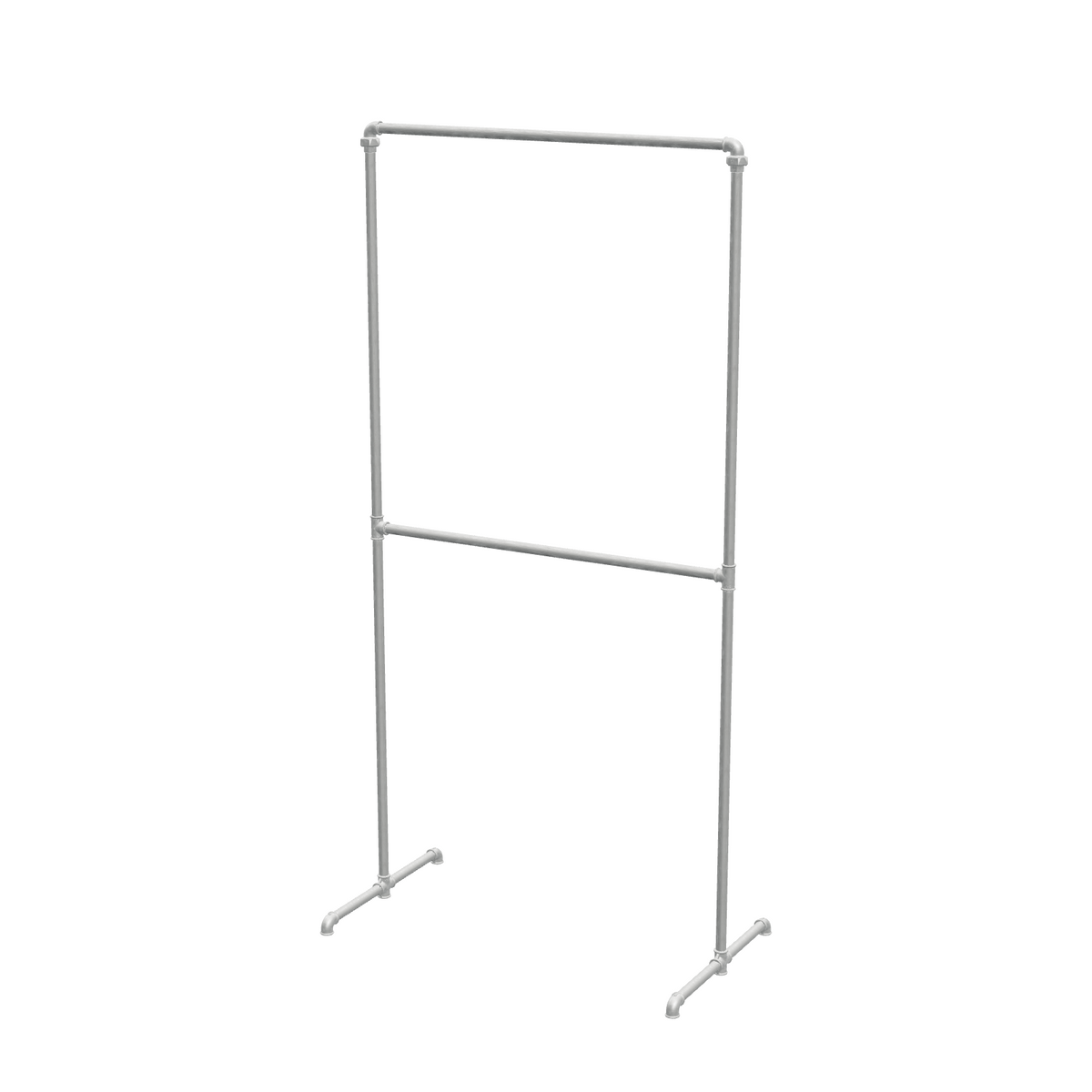 Portant à vêtements autoportant double niveau en tuyaux de plomberie galvanisés Ø 27 mm — largeur 108 cm, hauteur 216 cm, vue de trois quarts sur fond blanc