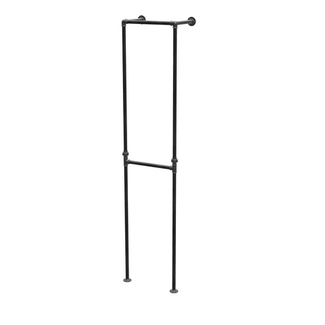 Portant de penderie sol-mur à deux barres en tuyaux de plomberie noirs Ø 27 mm — largeur 40 cm, vue de trois quarts sur fond blanc