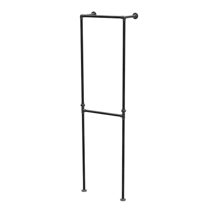 Portant de penderie sol-mur à deux barres en tuyaux de plomberie noirs Ø 27 mm — largeur 50 cm, vue de trois quarts sur fond blanc