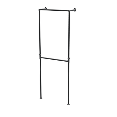 Portant de penderie sol-mur à deux barres en tuyaux de plomberie noirs Ø 27 mm — largeur 70 cm, vue de trois quarts sur fond blanc