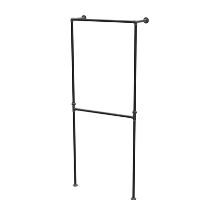 Portant de penderie sol-mur à deux barres en tuyaux de plomberie noirs Ø 27 mm — largeur 80 cm, vue de trois quarts sur fond blanc