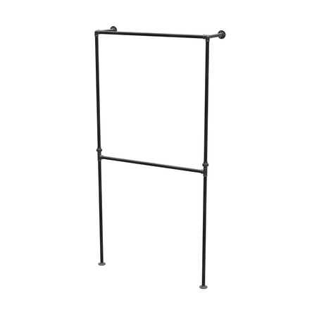 Portant de penderie sol-mur à deux barres en tuyaux de plomberie noirs Ø 27 mm — largeur 100 cm, vue de trois quarts sur fond blanc