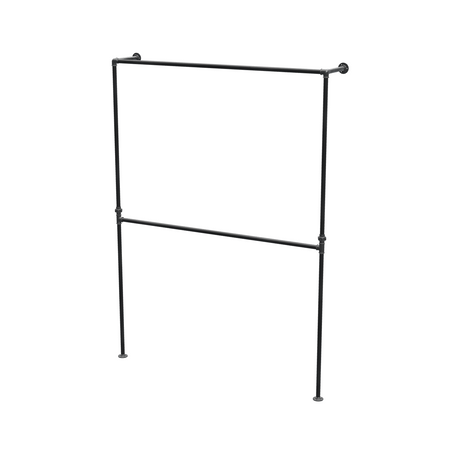 Portant de penderie sol-mur à deux barres en tuyaux de plomberie noirs Ø 27 mm — largeur 150 cm, vue de trois quarts sur fond blanc