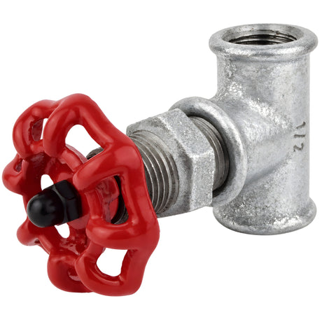 Złączka 1/2'' w stylu zaworu z czerwonym pokrętłem 52 mm, czarna nakrętka, złączka z żeliwa ocynkowanego