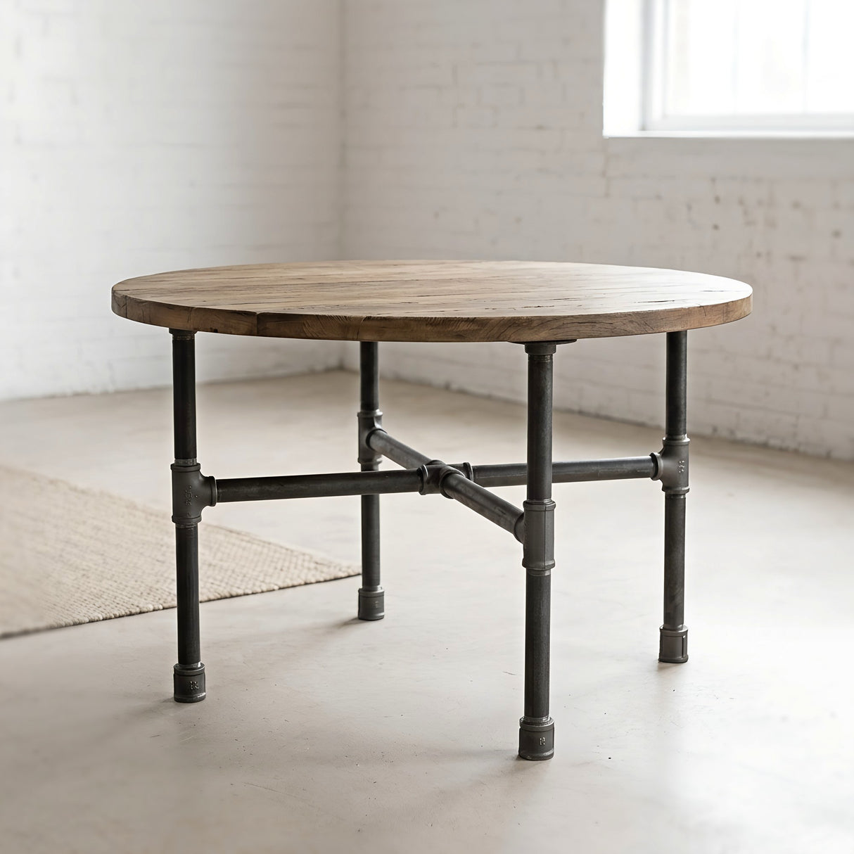 Table basse à plateau rond sur piètement en croix fonte, salon industriel, mise en situation (plateau non fourni)