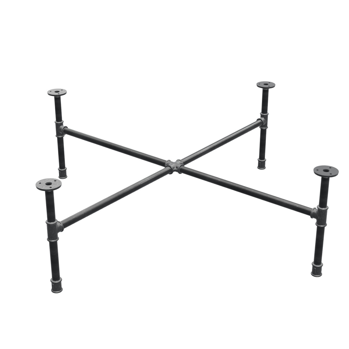 Podstawa stolika kawowego z żeliwa w stylu industrialnym, nogi krzyżowe, 108 × 108 cm, wysokość 32 cm, ujęcie trzy czwarte