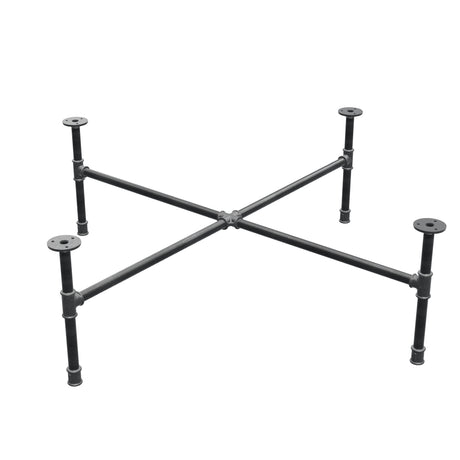Podstawa stolika kawowego z żeliwa w stylu industrialnym, nogi krzyżowe, 108 × 108 cm, wysokość 32 cm, ujęcie trzy czwarte