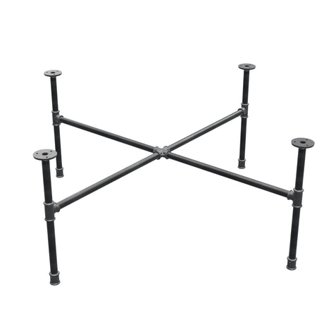 Podstawa stolika kawowego z żeliwa w stylu industrialnym, nogi krzyżowe, 108 × 108 cm, wysokość 42 cm, ujęcie trzy czwarte