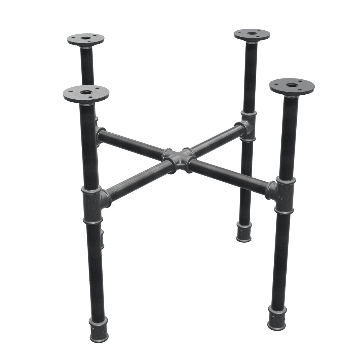 Podstawa stolika kawowego z żeliwa w stylu industrialnym, nogi krzyżowe, 48 × 48 cm, wysokość 42 cm, ujęcie trzy czwarte