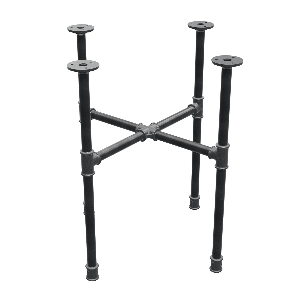 Podstawa stolika kawowego z żeliwa w stylu industrialnym, nogi krzyżowe, 48 × 48 cm, wysokość 52 cm, ujęcie trzy czwarte