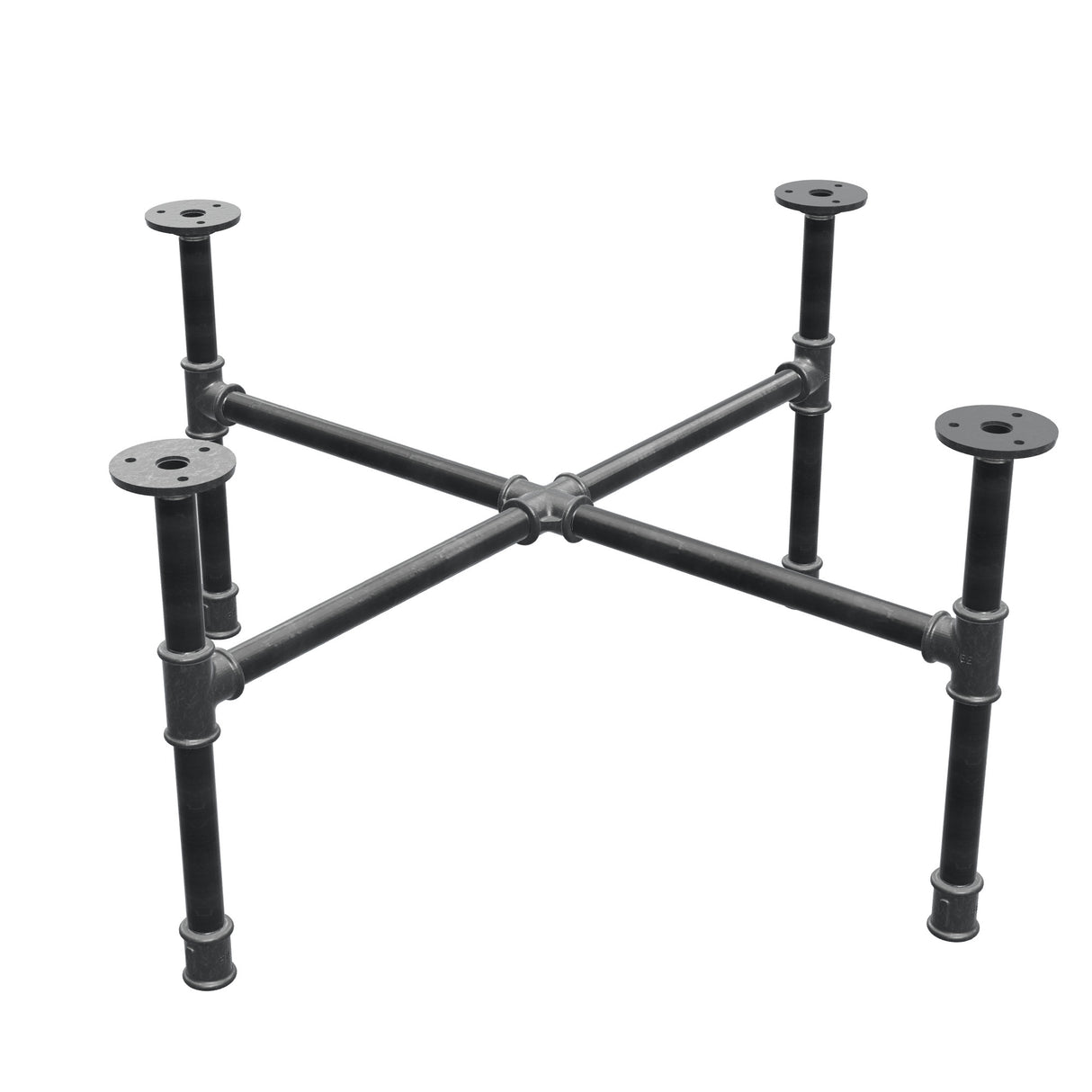 Podstawa stolika kawowego z żeliwa w stylu industrialnym, nogi krzyżowe, 68 × 68 cm, wysokość 32 cm, ujęcie trzy czwarte