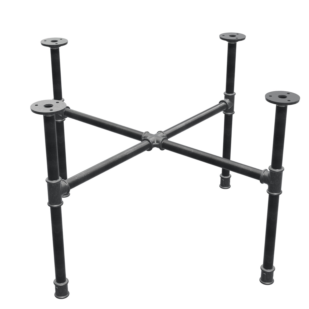 Podstawa stolika kawowego z żeliwa w stylu industrialnym, nogi krzyżowe, 68 × 68 cm, wysokość 42 cm, ujęcie trzy czwarte