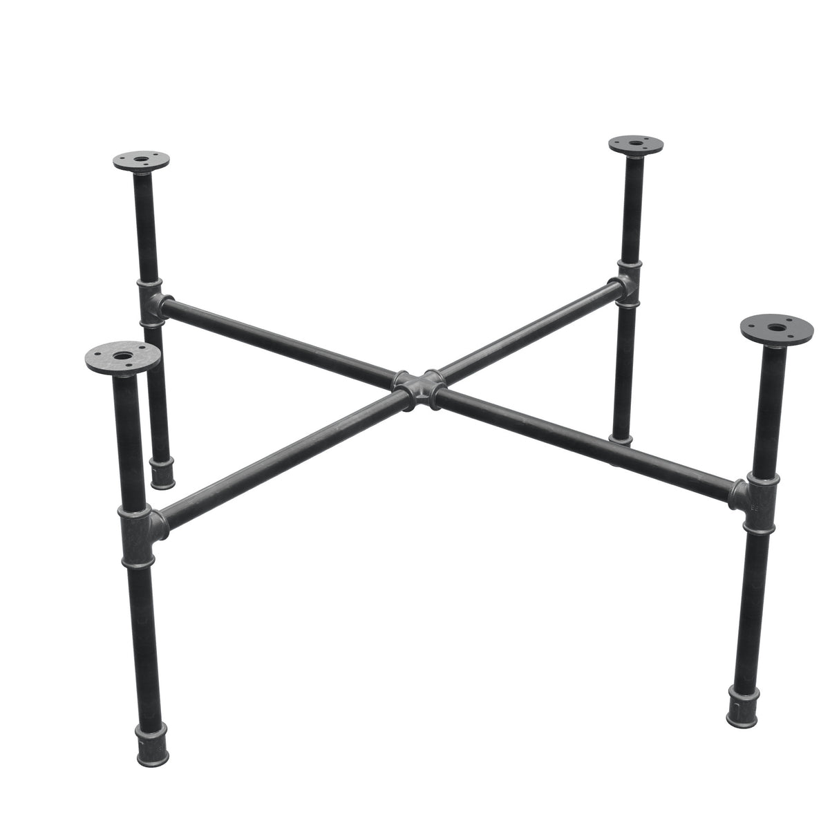 Podstawa stolika kawowego z żeliwa w stylu industrialnym, nogi krzyżowe, 88 × 88 cm, wysokość 42 cm, ujęcie trzy czwarte