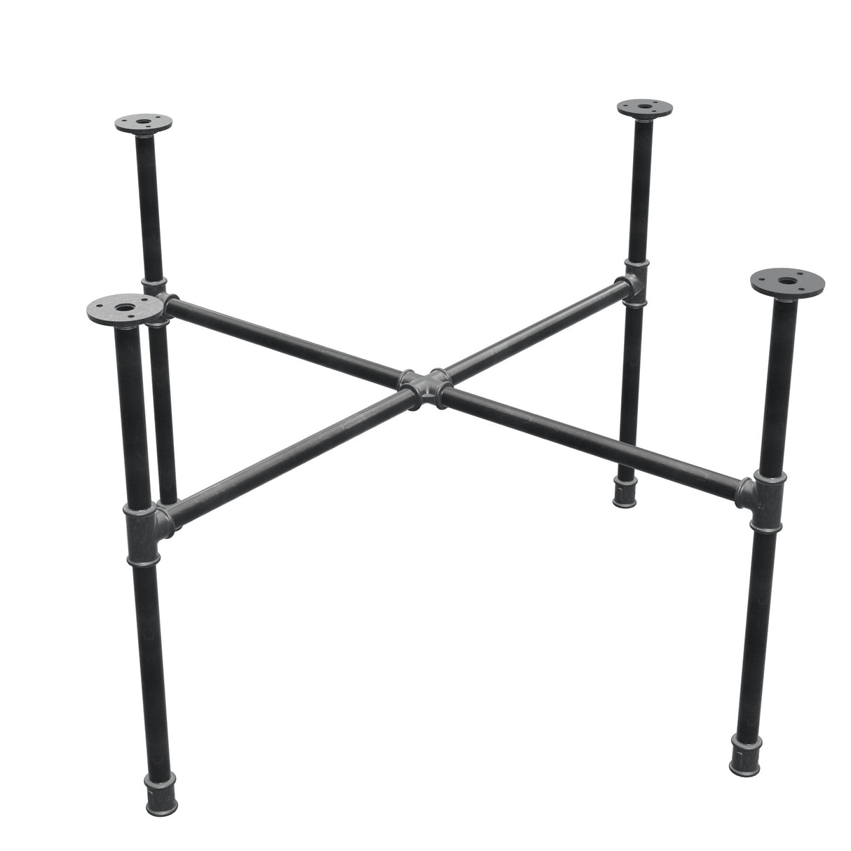 Podstawa stolika kawowego z żeliwa w stylu industrialnym, nogi krzyżowe, 88 × 88 cm, wysokość 52 cm, ujęcie trzy czwarte