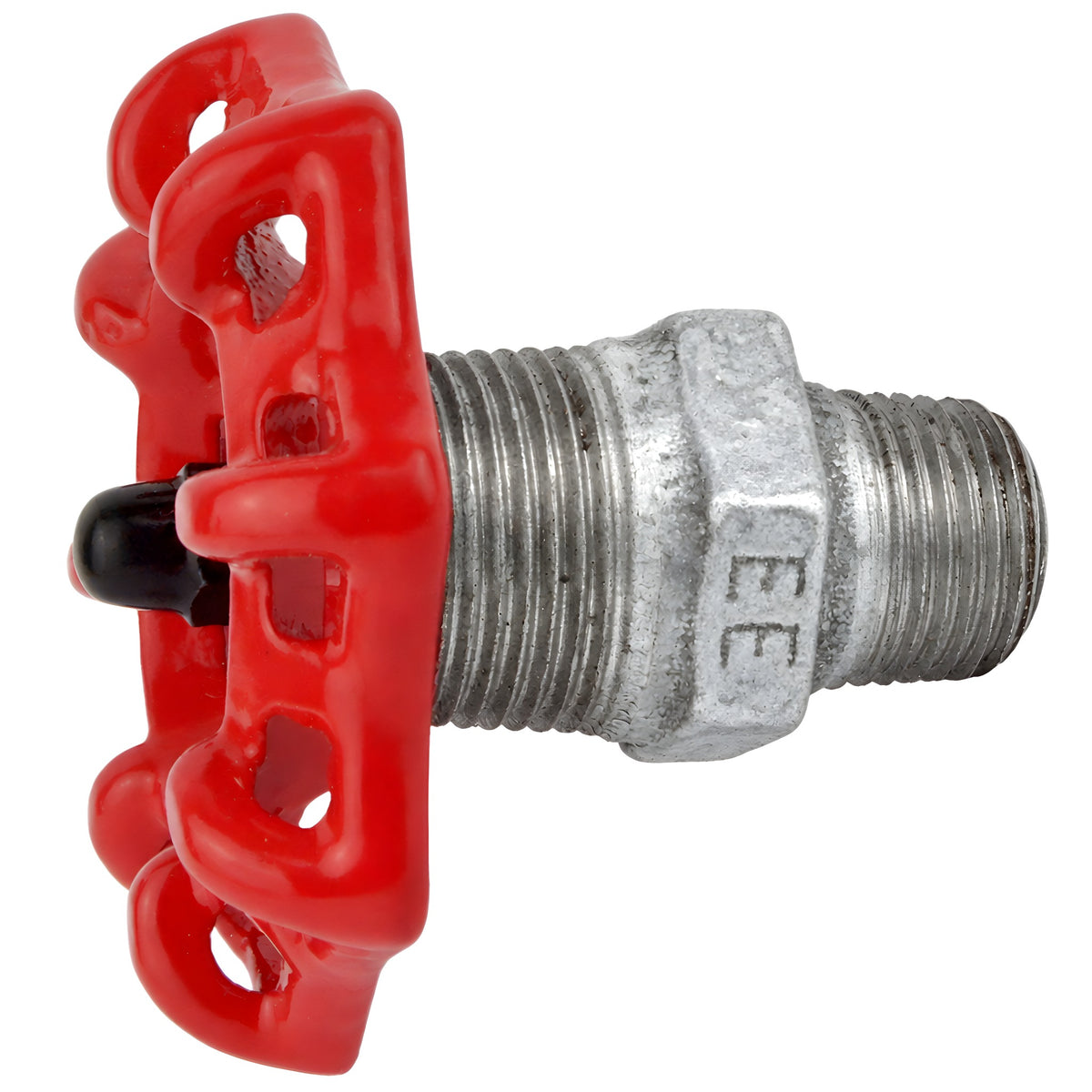 Czerwone pokrętło 72 mm na nyplu, 1/2'' z czarną nakrętką, złączka z żeliwa ocynkowanego