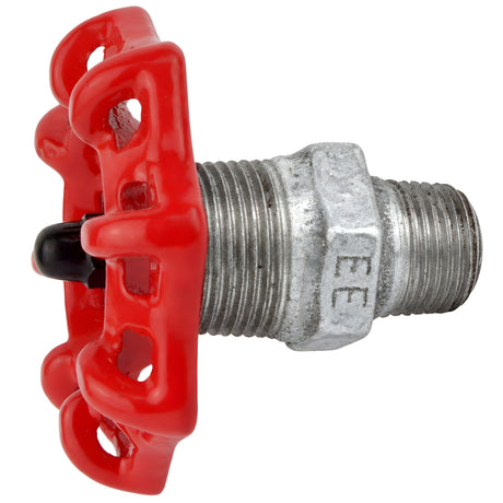 Czerwone pokrętło 72 mm na nyplu, 1/2'' z czarną nakrętką, złączka z żeliwa ocynkowanego